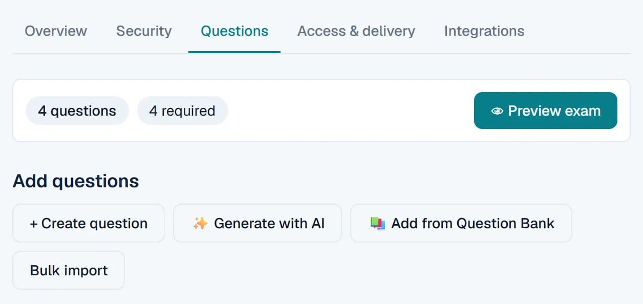 Verexa lecturer exam Questions tab with options to create a question, generate with AI, add from a question bank, or bulk import questions.